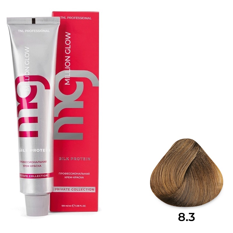 8.3 Светлый блонд золотистый Крем-краска для волос TNL Million glow Private collection Silk protein
