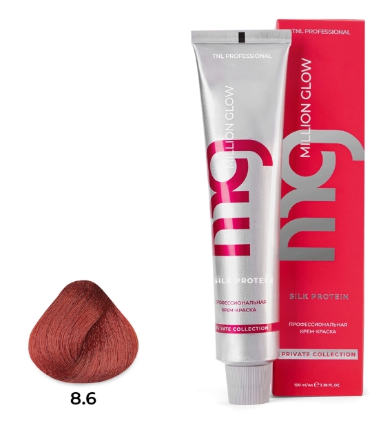 8.6 Светлый блонд красный Крем-краска для волос TNL Million glow Private collection Silk protein